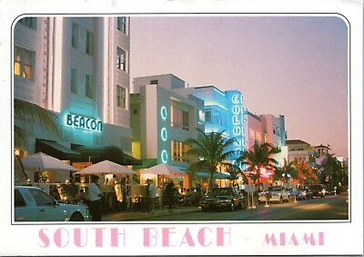 #ad South Beach Miami Florida at dusk Chrome 4x6 Postcard Art Deco District $3.99