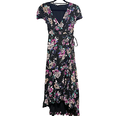 #ad Patrons Of Peace Dress Women M Black Floral Wrap Maxi Short Sleeve High Low Hem $14.99