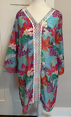 #ad TALBOTS Womens Swimsuit COVER UP 3 4 Sleeve Crochet Trim BLUE Pink FLORAL Size L $17.99