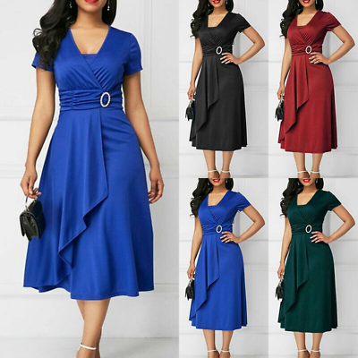 Womens Ladies Short Sleeve Wrap Dress Office Formal Party Midi Dresses Plus Size $17.98
