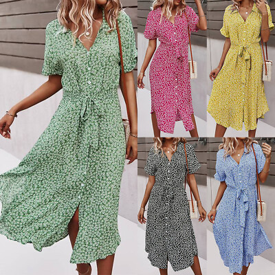 #ad Women V Neck Short Sleeve Dresses Summer Floral Casual Loose Sundress Beaches $20.26