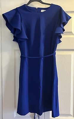 #ad Calvin Klein Belted Royal Blue Dress with Ruffled Short Sleeves size 8 $19.99