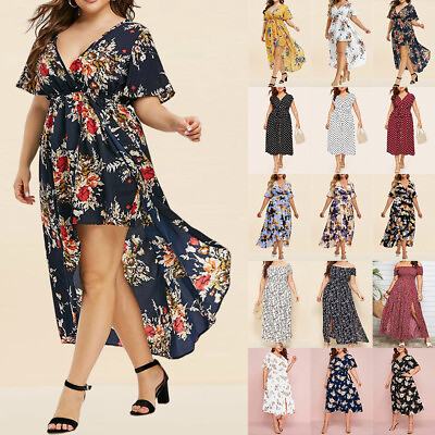 #ad Plus Size Women Floral V Neck Short Sleeve Midi Dress Ladies Summer Sundress $24.60