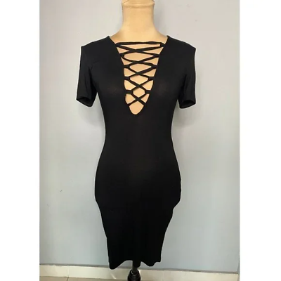 #ad NWT MISSGUIDED Short Sleeve Lace Up Front Bodycon Black Dress Size 4 $6.99