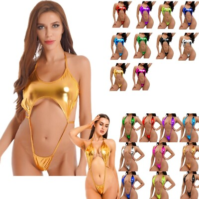 #ad Woman#x27;s Shiny Metallic Bodysuit Bikini One piece Bra Thong Weeny Teddy Swimsuit $7.38