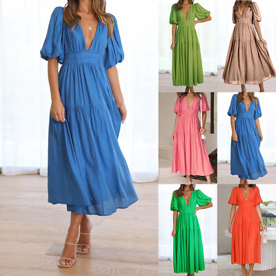 #ad Womens Solid V Neck Short Sleeve Midi Dress Summer Ladies Holiday Beach Sundress $18.49