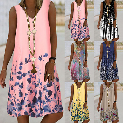 #ad Women Boho Floral Smock Dress V Neck Sleeveless Loose Summer Casual Sundress $20.23