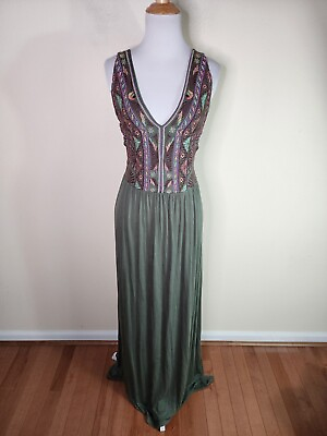 Spenser Jeremy Women#x27;s Green Embroidered Long Sleeveless Maxi Dress Size Large $16.00