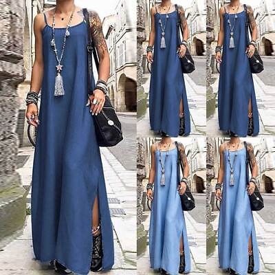 #ad Plus Size Womens Denim Long Maxi Dress Summer Strappy Baggy Holiday Sundress US $32.77