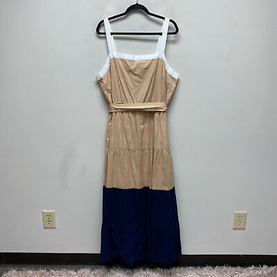 #ad Lane Bryant Tan Blue Sleeveless Tie Square Neck Colorblock Maxi Dress 18 $119 $41.21