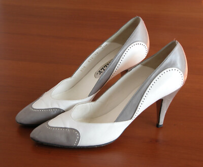#ad BALLY Wing Tip Two Tone Cocktail Heels US 7.5 N Pumps Italy White Grey Leather $25.00