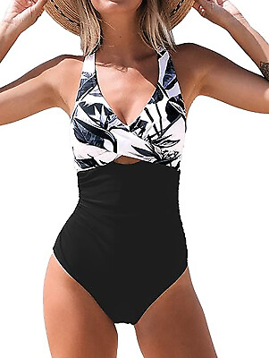 Women Swimsuit One Piece Bathing Suit Tummy Control V Neck Crisscross Wide Strap $8.36
