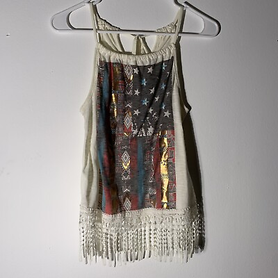 #ad Boho 4th of July theme halter top neck Ties Fringe Details Juniors S 3 5 $6.90