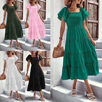 #ad #ad Women Long Dress Square Neck Maxi Dresses Ladies Casual Party Short Sleeve $25.48