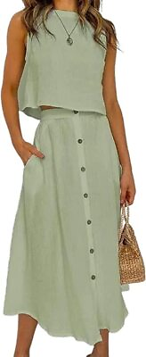 #ad Women#x27;s Summer 2 Piece Outfits Cotton Crop Tank Top and Midi Flowy Skirt Sets $16.99