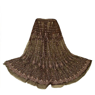 #ad Sanskriti Long Skirt Net Mesh Dark Brown Hand Beaded Unstitched Bridal Lehenga $126.20