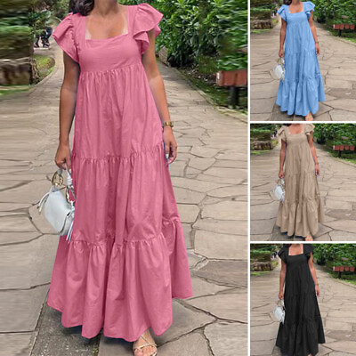 #ad Fashion Women Sleeveless Square Neck Sundress Loose Layered Maxi Long Dress Plus $24.41