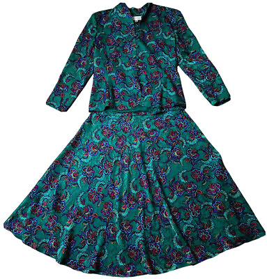 Adrianna Papell Sz 16 Silk Jewel Tone Floral 2 Piece Skirt Suit Set Vintage 80s $74.99