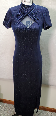 #ad S.L. Fashions Long Maxi Dress Womens Petite 4 Blue Velvet Sequin Cutout Back Zip $28.95