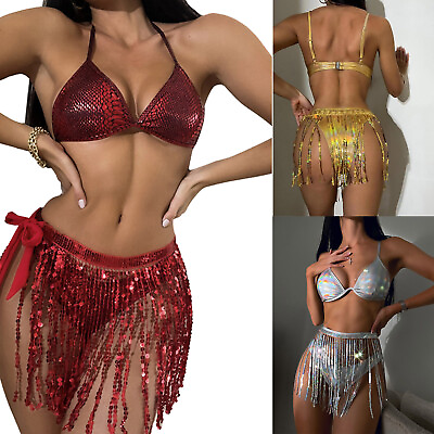 #ad Womens Swimwear Metallic Bikini Clubwear 3 Piece Party Nightclub Camisole Shiny $6.87