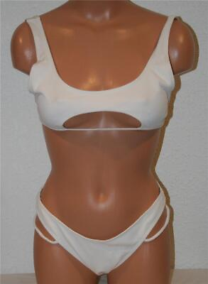 #ad YOSEMITE Bikini White Medium 2 Pc Sexy Hollow Cutout Bra Top High Waist Bottom $10.56