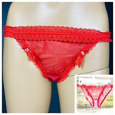 Vintage Sears Size 7 Sheer Red Shimmer Nylon Bikini Panties Panty Lace Ribbon $75.00