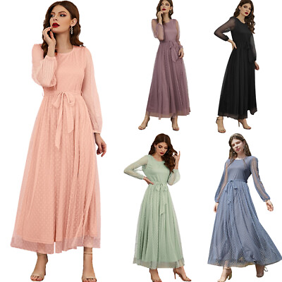 #ad Muslim Women Long Sleeve Maxi Dress Abaya O Neck High Waist Evening Party Gown $29.06
