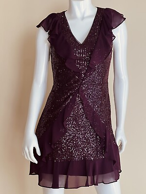#ad BCBG Women#x27;s Sequined Cocktail Dress Plum Burgundy Sz M $298 Retail $58.00