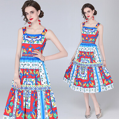#ad Women Summer Floral Print Dress Square Neck Spaghetti Straps Midi Slip Sundress $42.24