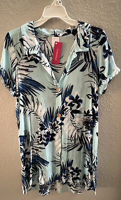 #ad NEW Xhilaration Blue Floral Hawaiian Button Up Swimsuit Cover Up Dress $8.00