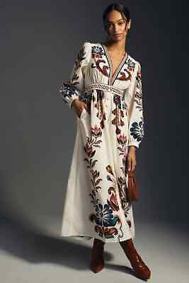 Anthropologie Farm Rio V Neck Maxi Dress Floral White Folk Boho Plus Size 1X NEW $235.60