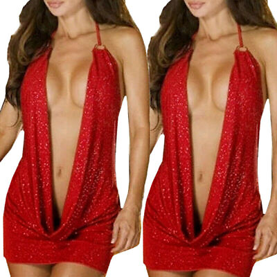 #ad Sexy Women#x27;s Plunge V Neck Clubwear Party Dress Sleeveless Mini Bodycon Vogue $6.43