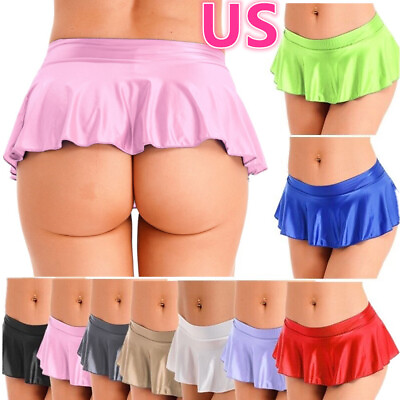 US Women#x27;s Glossy Miniskirt Micro Pleated Skirts Ruffled Flirty Nightwear Club $9.69