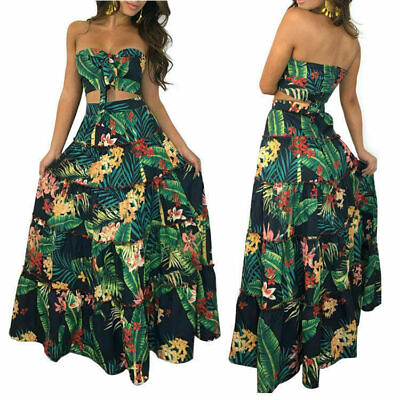 #ad Top Crop Maxi Floral Piece Fashion Beach Set Two Dress Party Skirt Long Women $30.43