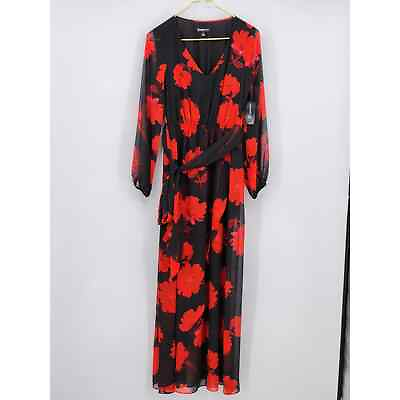 #ad INC Red Black Floral Maxi Dress Long Sleeve Size 2 NWT $49.99