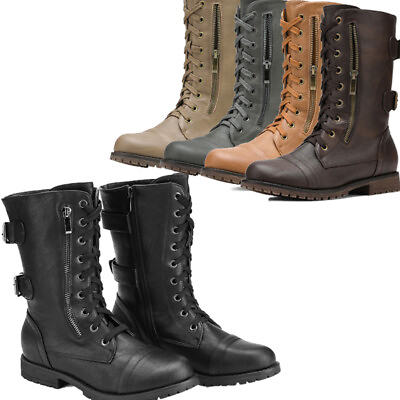 WOMENS MILITARY BOOTS ARMY COMBAT ANKLE LACE UP FLAT BIKER ZIP SIZES SHOES 5 11 $35.99