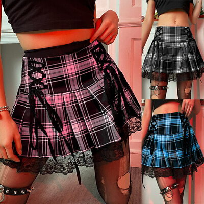 #ad Women Goth Punk Mini Skirts Plaid Lace Up Pleated Skirt Ladies Sexy Miniskirt $16.55