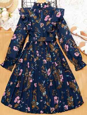 #ad #ad Tween Girl Floral Print Ruffle Trim Flounce Sleeve Pleated Hem Belted Dress $21.50