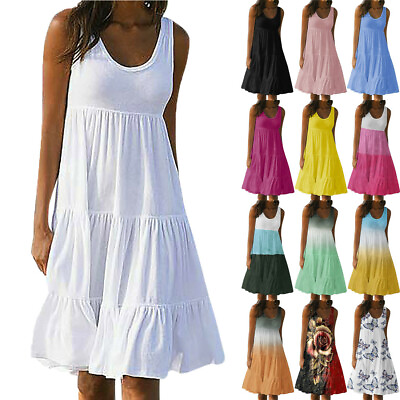 #ad Women Holiday Summer Sleeveless Beach Loose Frill Vest Dress Sundress Plus Size $22.31