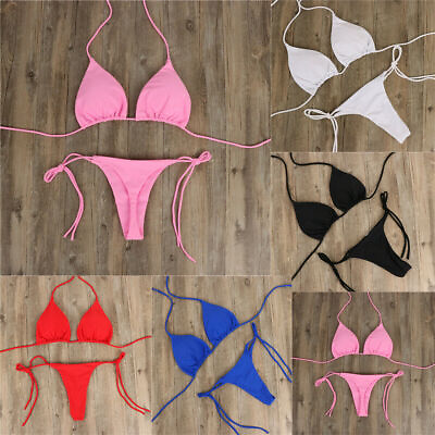 #ad Women Sexy Thong Bikini Set Side Tie Halter Neck Swimsuit Bandage Swimwear S XL C $7.89