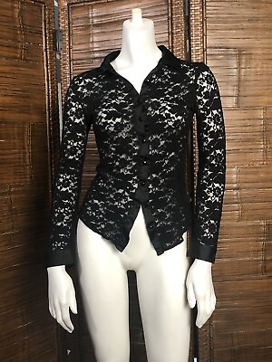 #ad Vintage Forever 21 Long Sleeve Sheer Black Floral Blouse Gothic Y2k 90s Mob Boss $20.00