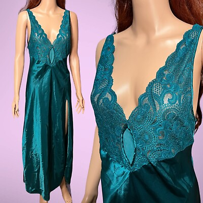 #ad Vintage 90s Teal Blue Satin amp; Lace Maxi Slip Dress Sz Small Victoria’s Secret $35.00