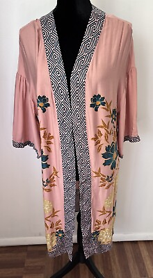 #ad DR2 Pink Floral Kimono Size Medium Large Cardigan Boho Beachy LagenLook $14.95