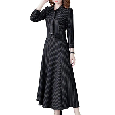 #ad Lady Striped Maxi Shirts Dress 3 4 Sleeve Zip Pockets Elegant Formal Work Dress $36.59