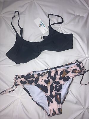 #ad Beachsissi Two Piece swimsuit Bikini Black W Animal Print Side Ties Medium $10.00