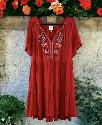 #ad Knox Rose Women’s Tiered Embroidered 100% Rayon Crinkle Gauze Boho Dress SZ LG $25.00