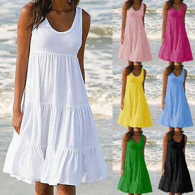 #ad Womens Summer Smock Dress Ladies Holiday Beach Casual Loose Mini Vest Sundress * $11.97