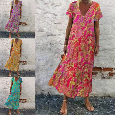 #ad Plus Size Women#x27;s Bohemian Print Smock Dress Ladies Summer Beach V Neck Sundress $28.82