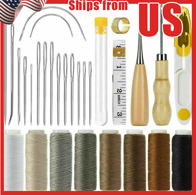 #ad 29Pcs Leather Waxed Thread Stitching Needles Awl Hand Kit for DIY Sewing Craft $7.99