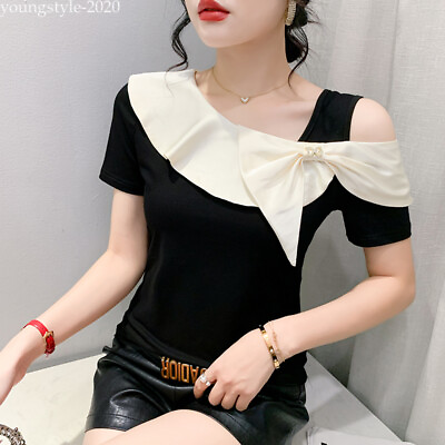 #ad Korean Western Women#x27;s Bow Ruffle Cold Shoulder Summer Party Tops Blouse T shirt $5.99